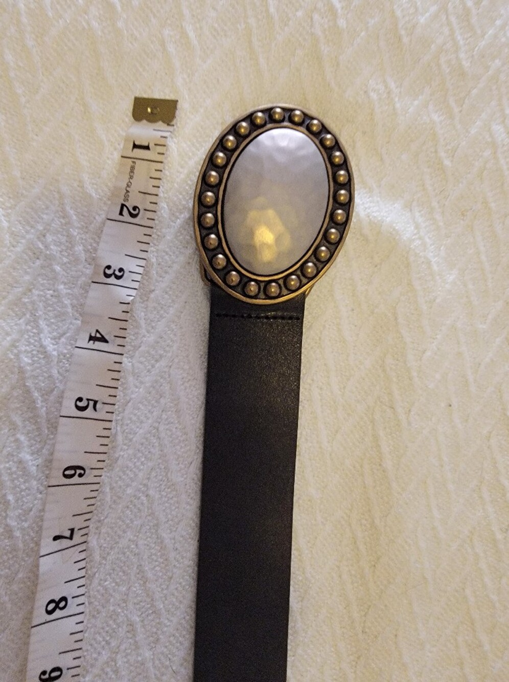Vintage FOSSIL Women's Black Belt with Oval Mother-of-Pearl Buckle